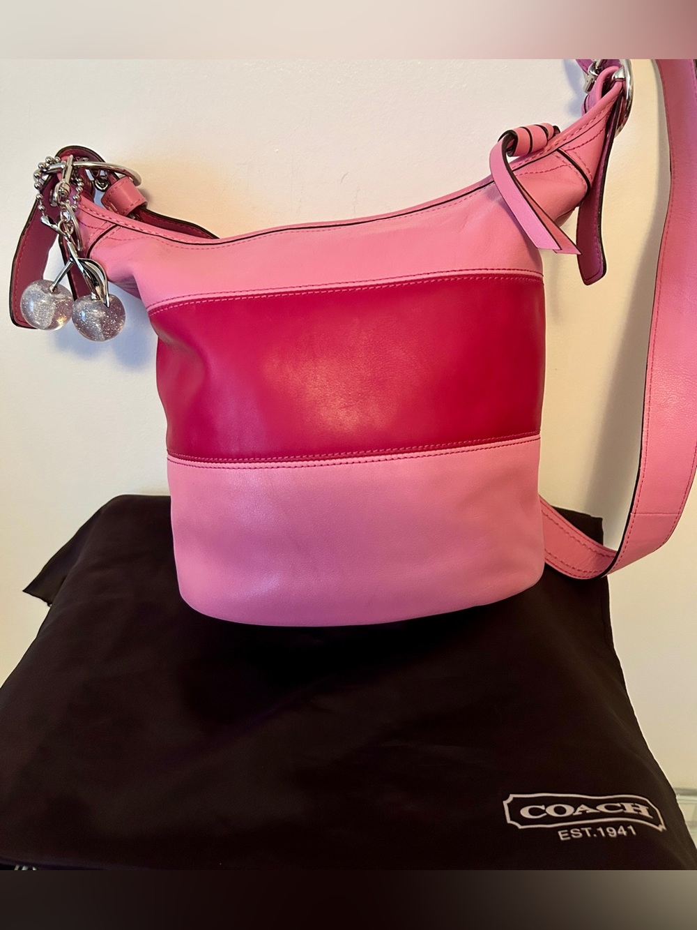 COACH Alternating Pink Leather Rugby
Stripes Bleeker duffle crossbody. RARE! - Picture 2 of 14